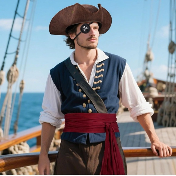 Pirate Hat for Women Men Colonial Tricorn Hat Halloween Pirate Costume 3PC - Picture 5 of 12